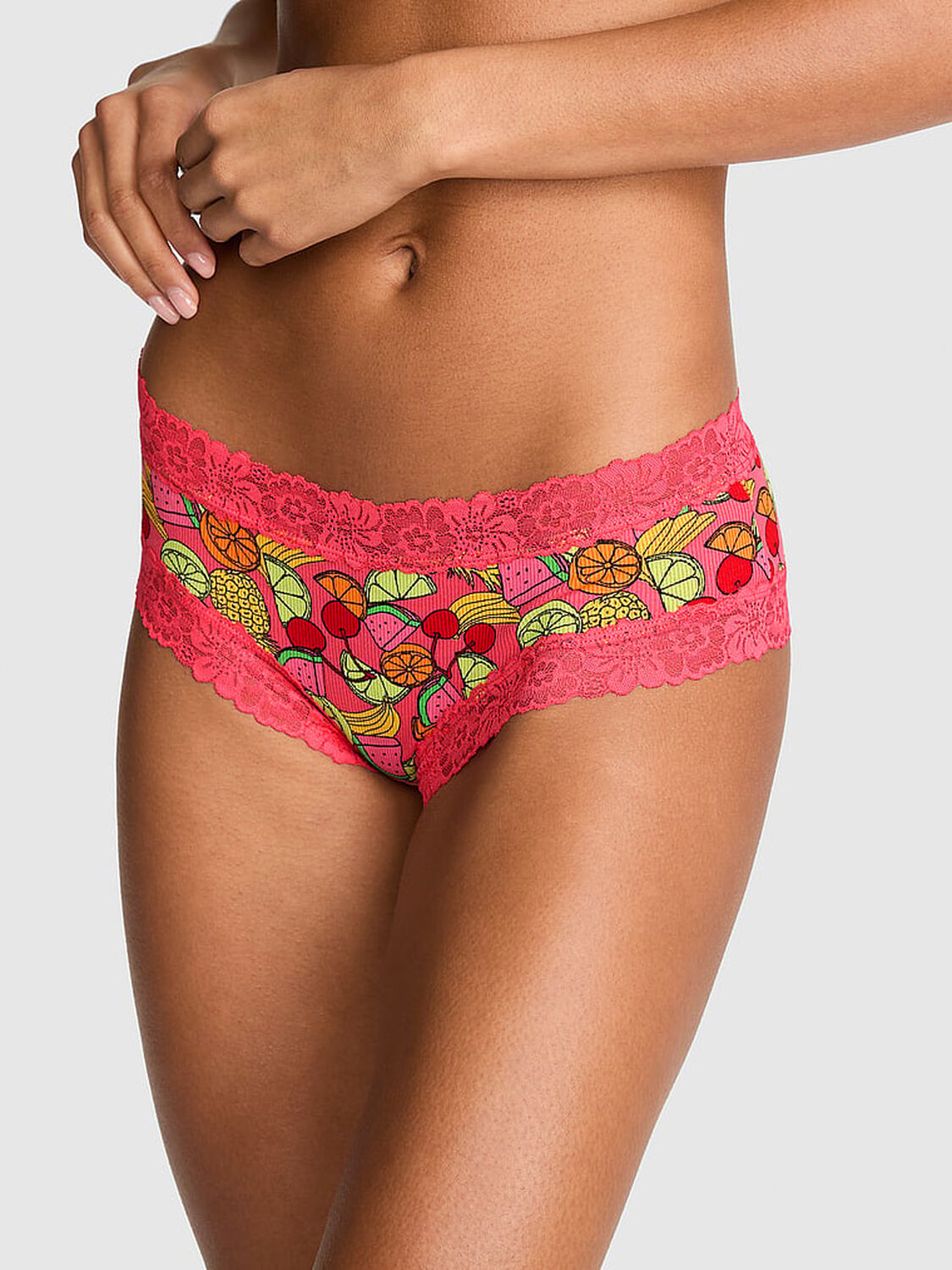 vs Pink PINK Wink&trade; Lace-Trim Cheeky Panty Candy Pink Fruit Print 1 of 2 