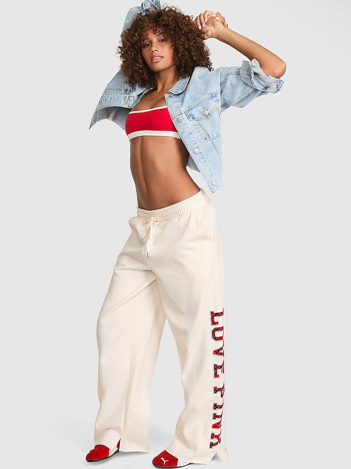 vs Pink Campus Fleece&trade; Wide-Leg Split-Hem Sweatpants Cozy White Plaid 1 of 3 