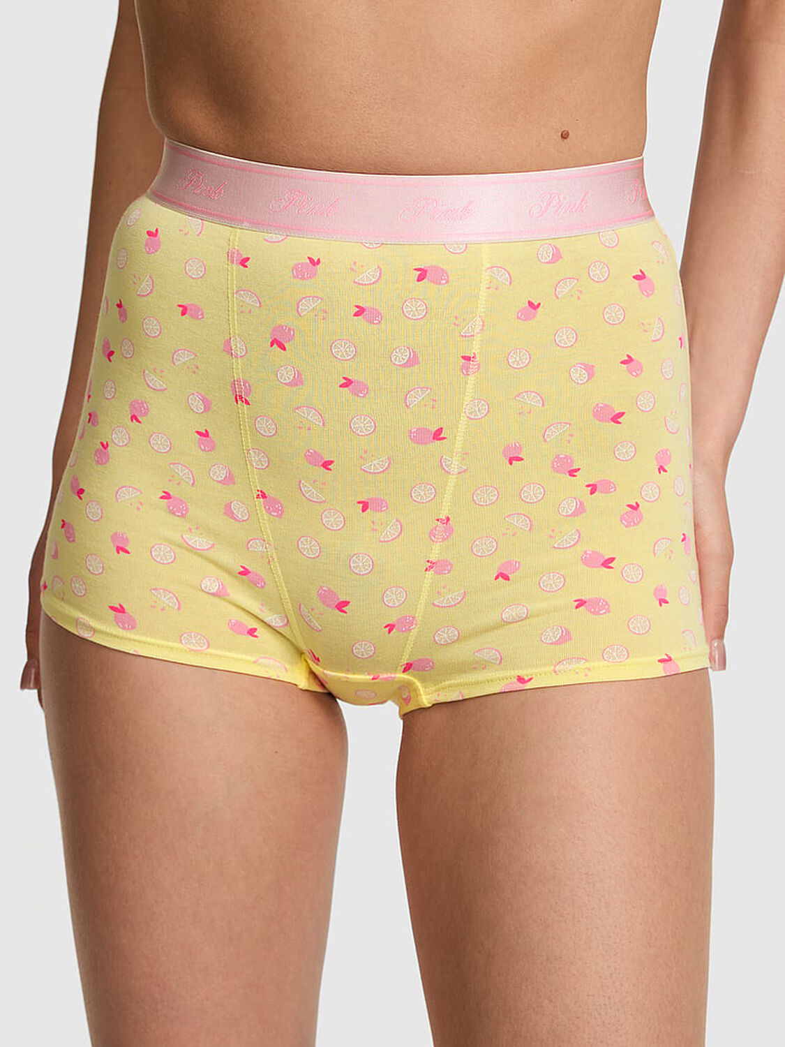 vs Pink Logo Cotton High-Waist Boyshort Panty Mellow Yellow Lemon Print 1 of 3 