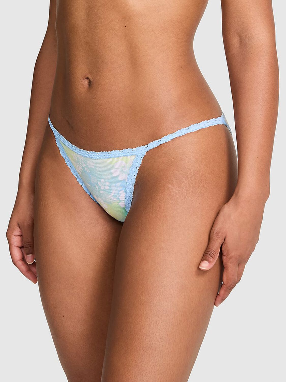 vs Pink PINK Wink&trade; Lace-Trim String Bikini Panty Blue Dancer Hibiscus Floral Print 1 of 3 
