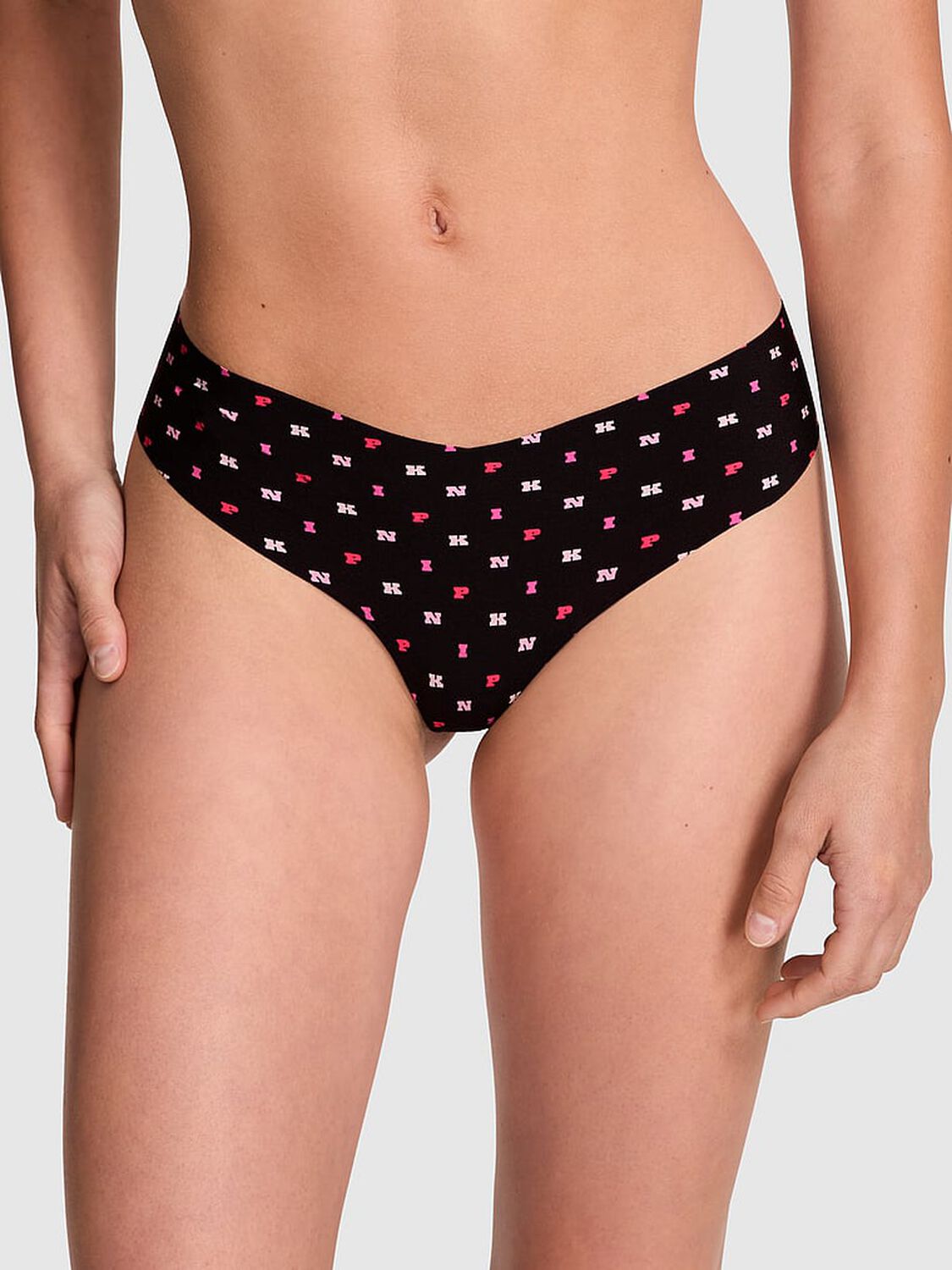 vs Pink No-Show Thong Panty Black Scattered Pink Print 1 of 3 