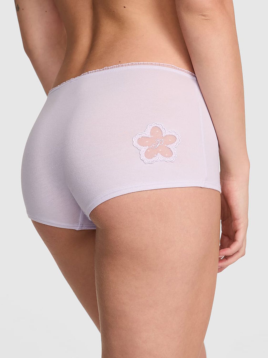 vs Pink Cotton Daisy Patch Boyshort Panty Purple Whisper Mesh Daisy Graphic 2 of 3 