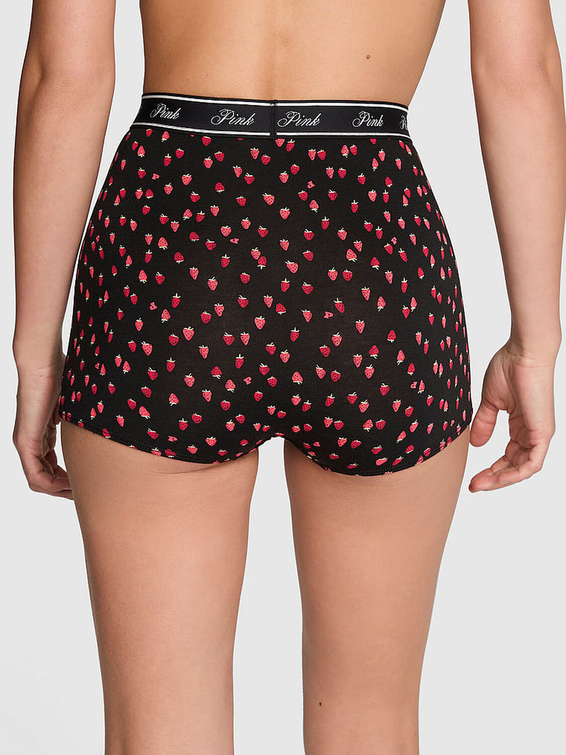 vs Pink Logo Cotton High-Waist Boyshort Panty Black Strawberry Print 2 of 3 