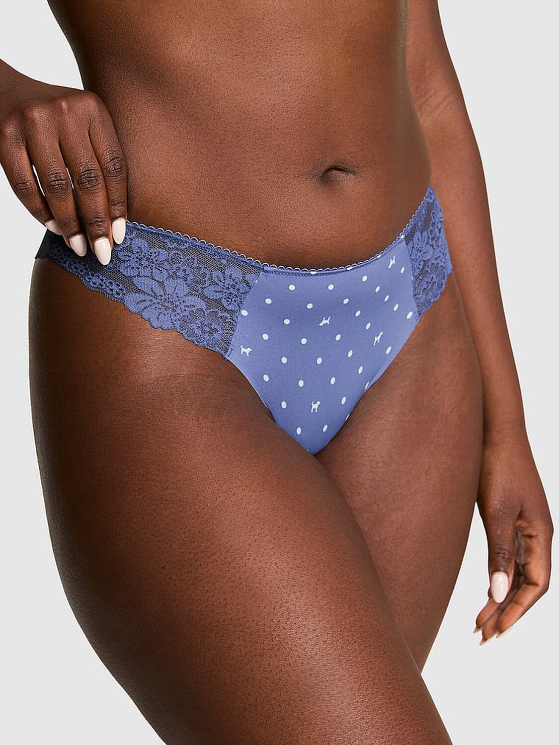 vs Pink No-Show Thong Panty Dusty Iris Dot Dog 1 of 3 