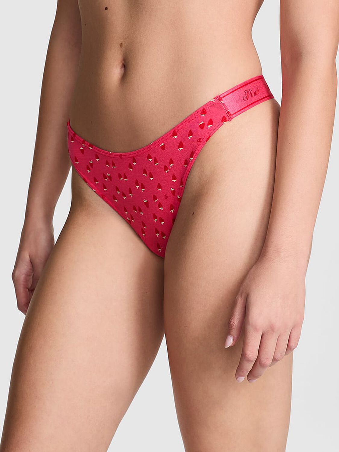 vs Pink Logo Cotton Shine High-Leg Thong Panty Double Bubble Strawberry Print 1 of 3 