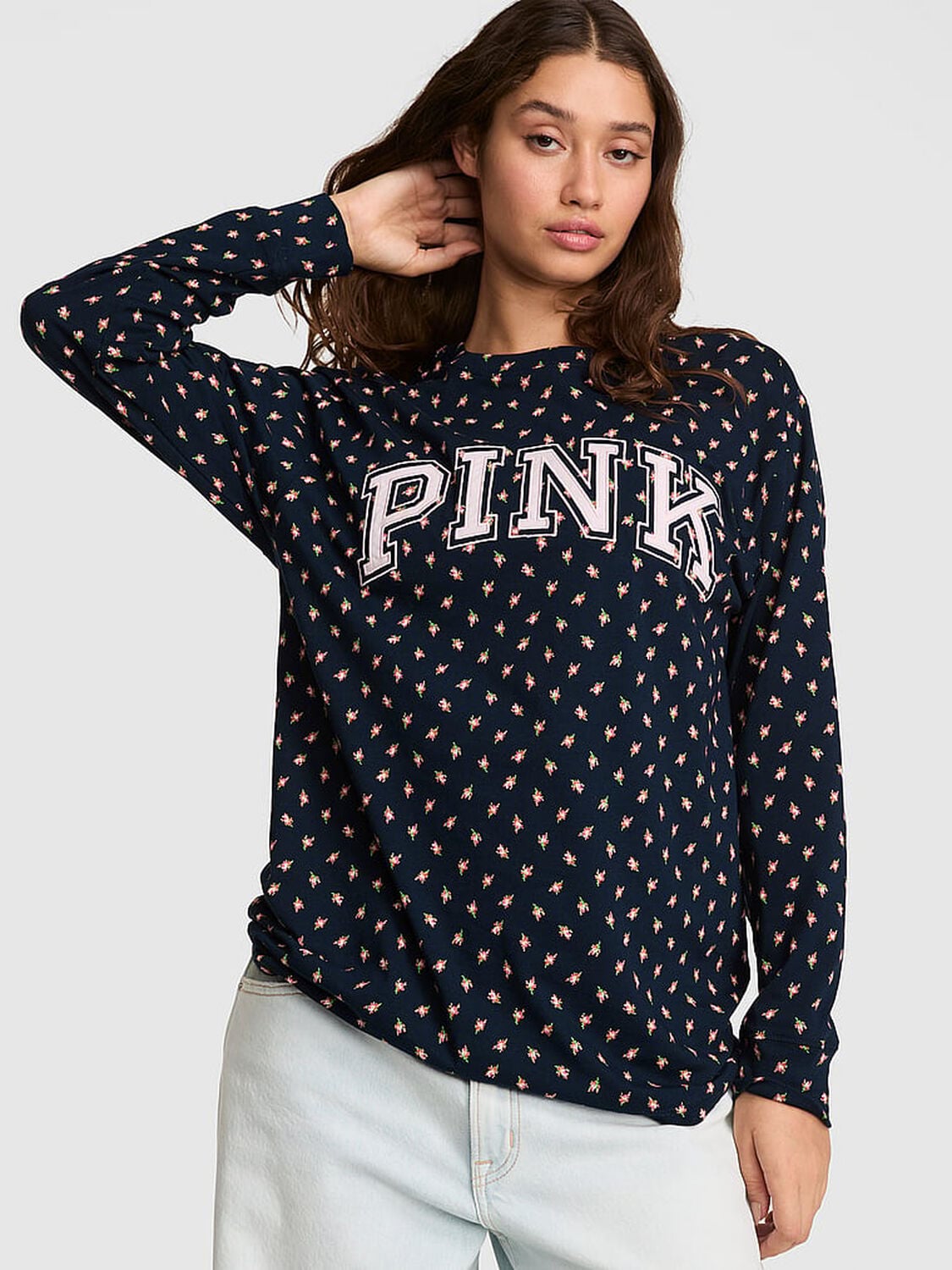 vs Pink Campus Cotton&trade; Long-Sleeve Tee Noir Navy Fresh Florals 1 of 3 