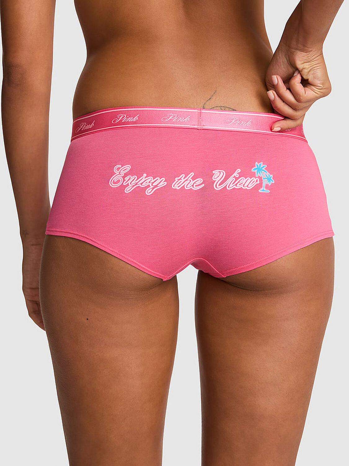 vs Pink Logo Cotton Boyshort Panty Love Me Pink With Enjoy The View Butt Graphic 2 of 3 