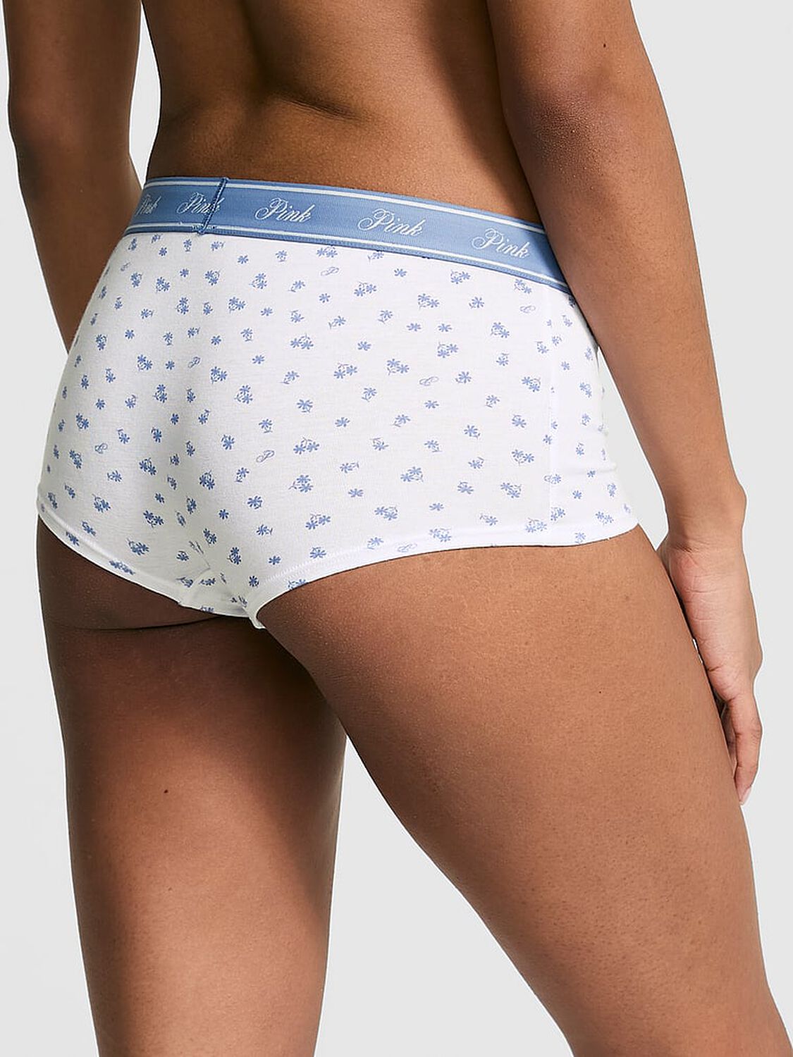 vs Pink Logo Cotton Shine Boyshort Panty White Blue Floral Print 2 of 3 