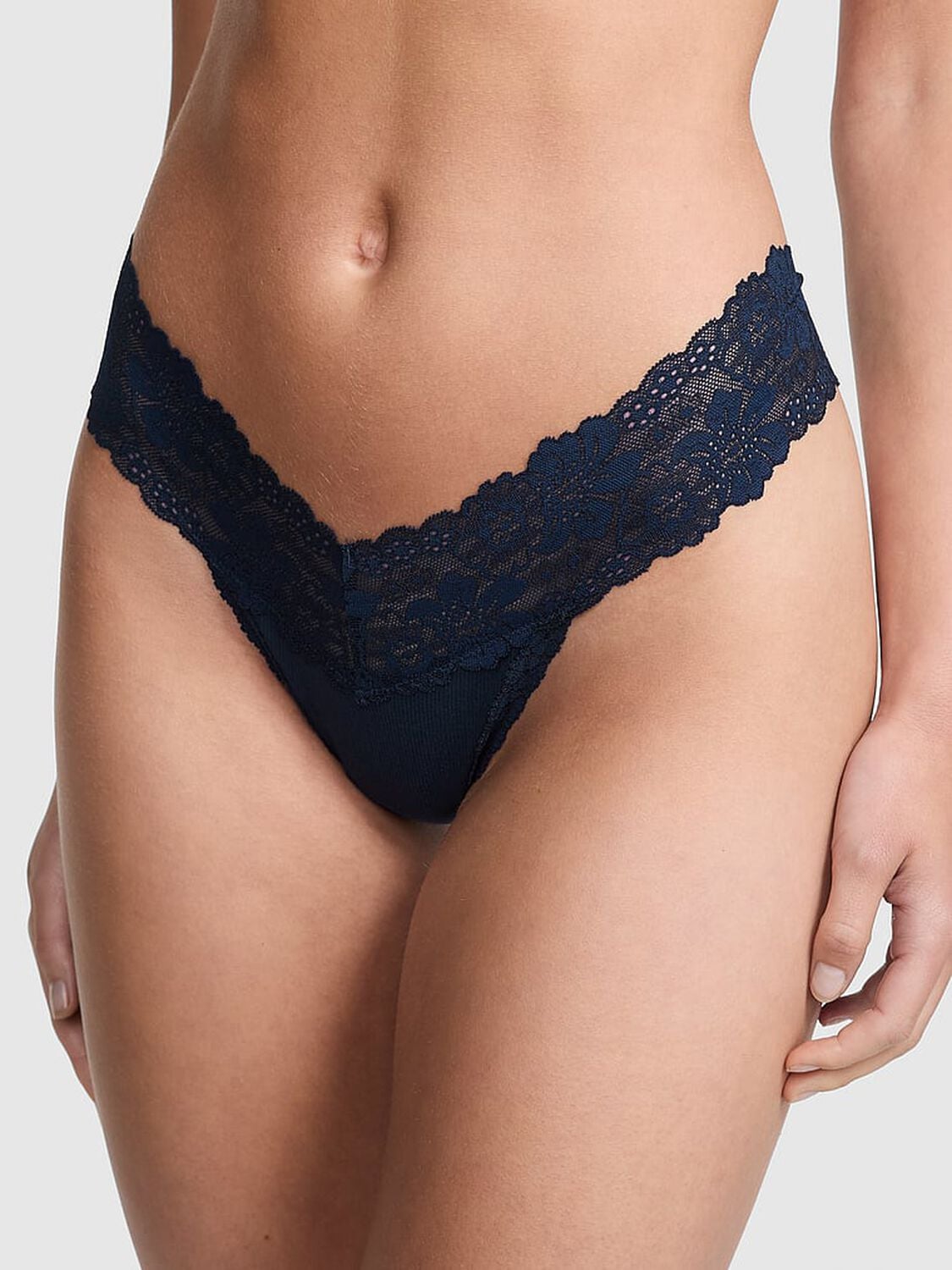 vs Pink PINK Wink&trade; Lace-Trim Thong Panty Noir Navy 1 of 3 