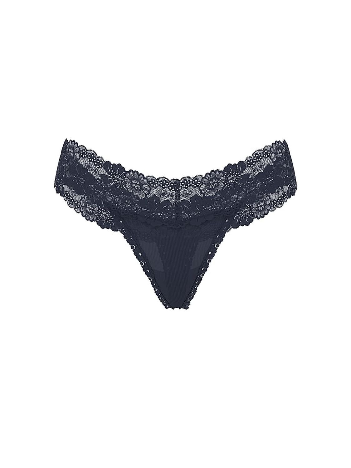 vs Pink Wink Lace-Trim Thong Panty Noir Navy 1 of 2 