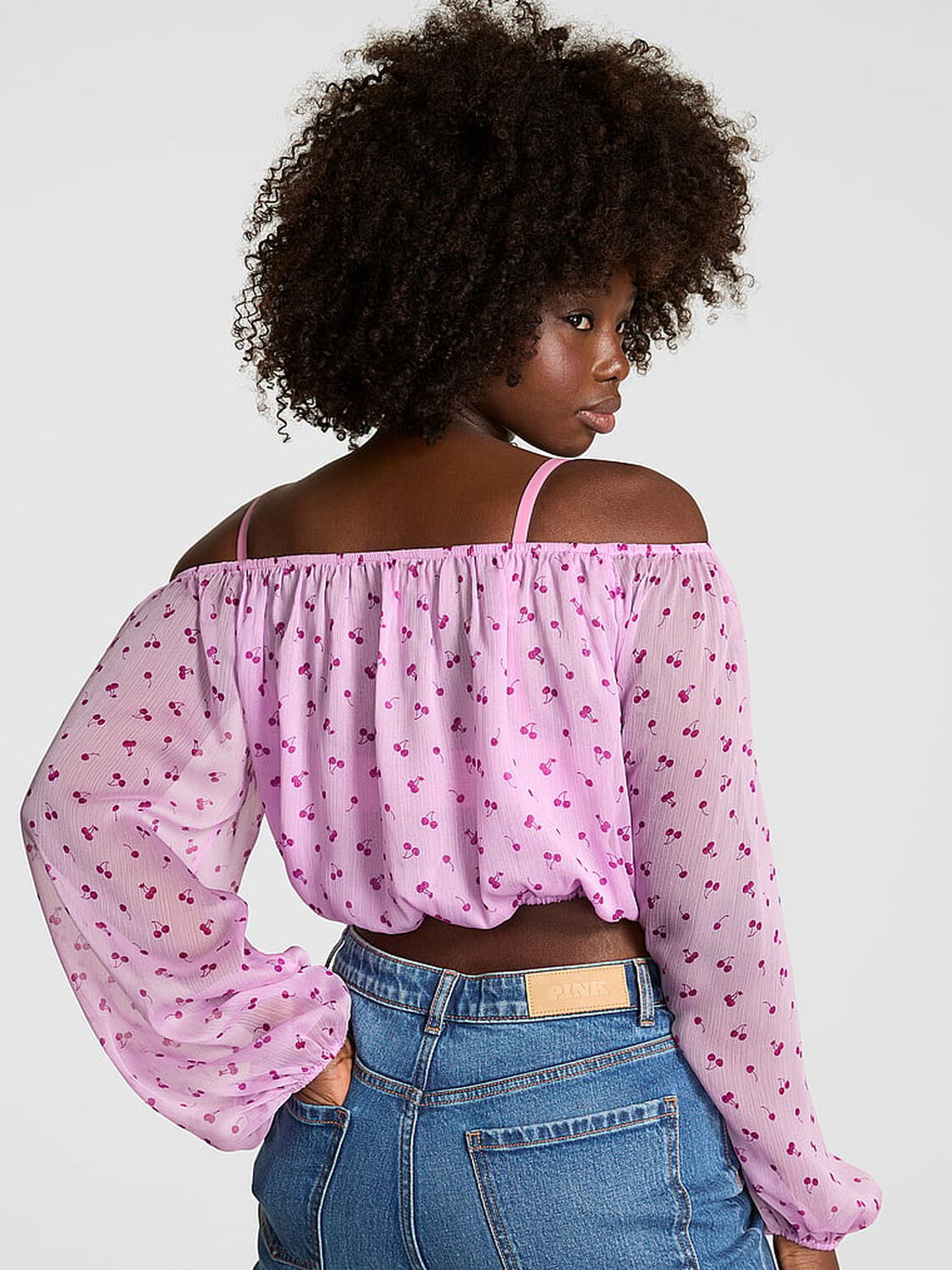 vs Pink Chiffon Long-Sleeve Off-The-Shoulder Top Cherry Print 2 of 4 