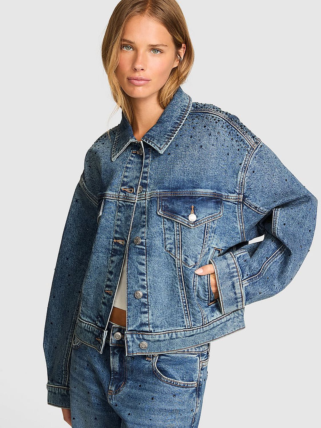 vs Pink Denim by PINK Boyfriend Trucker Jacket Diamant&eacute; Dark Wash 1 of 3 