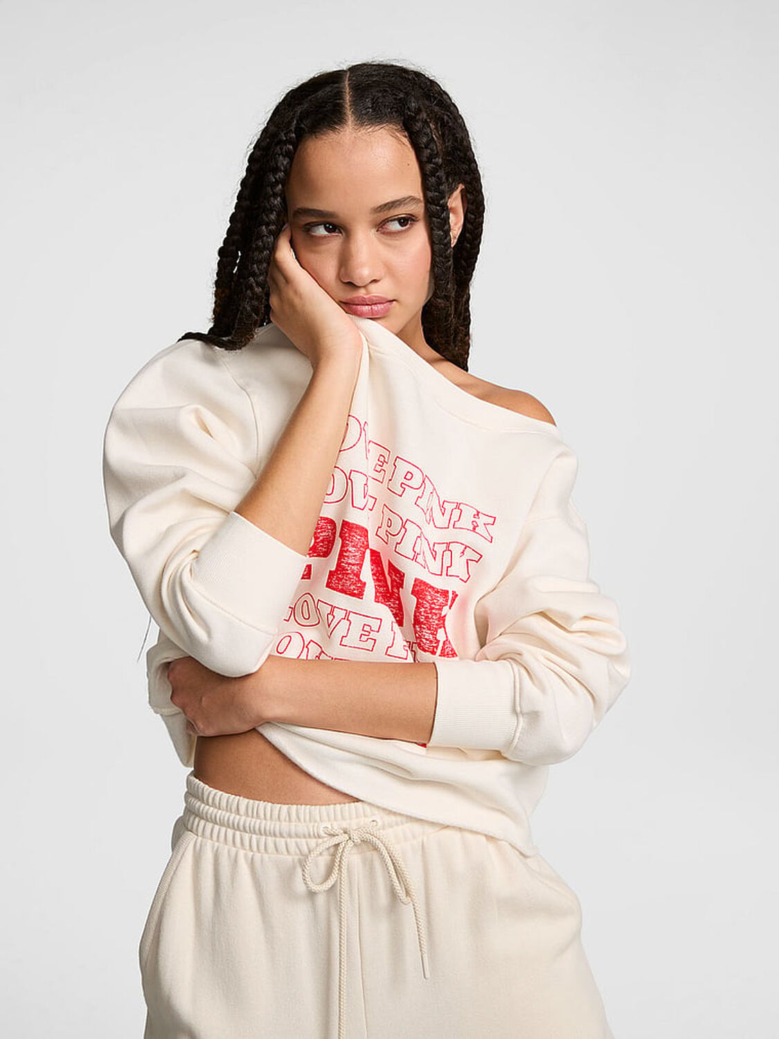 vs Pink Campus Fleece&trade; Rib Off-The-Shoulder Sweatshirt Winter White 1 of 4 