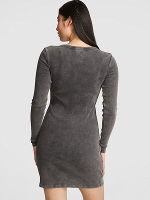 Vintage Ribbed Henley Long-Sleeve Dress