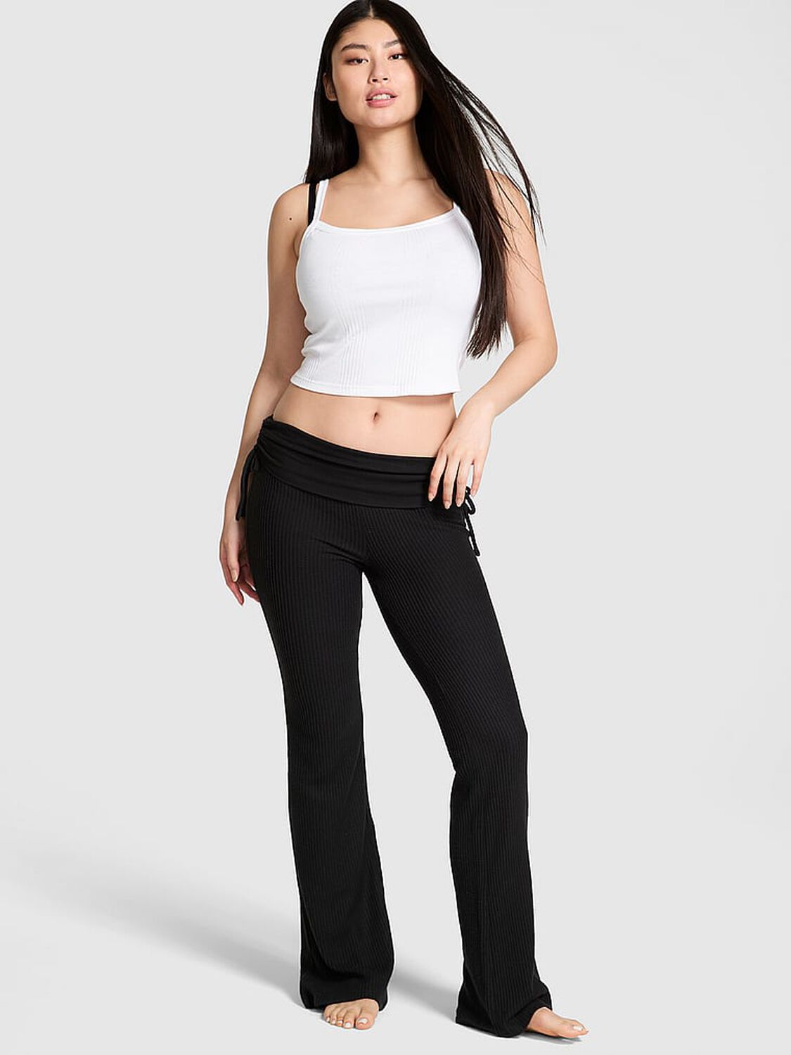 vs Pink Wa?e Knit Foldover Flare Pants Black 1 of 2 