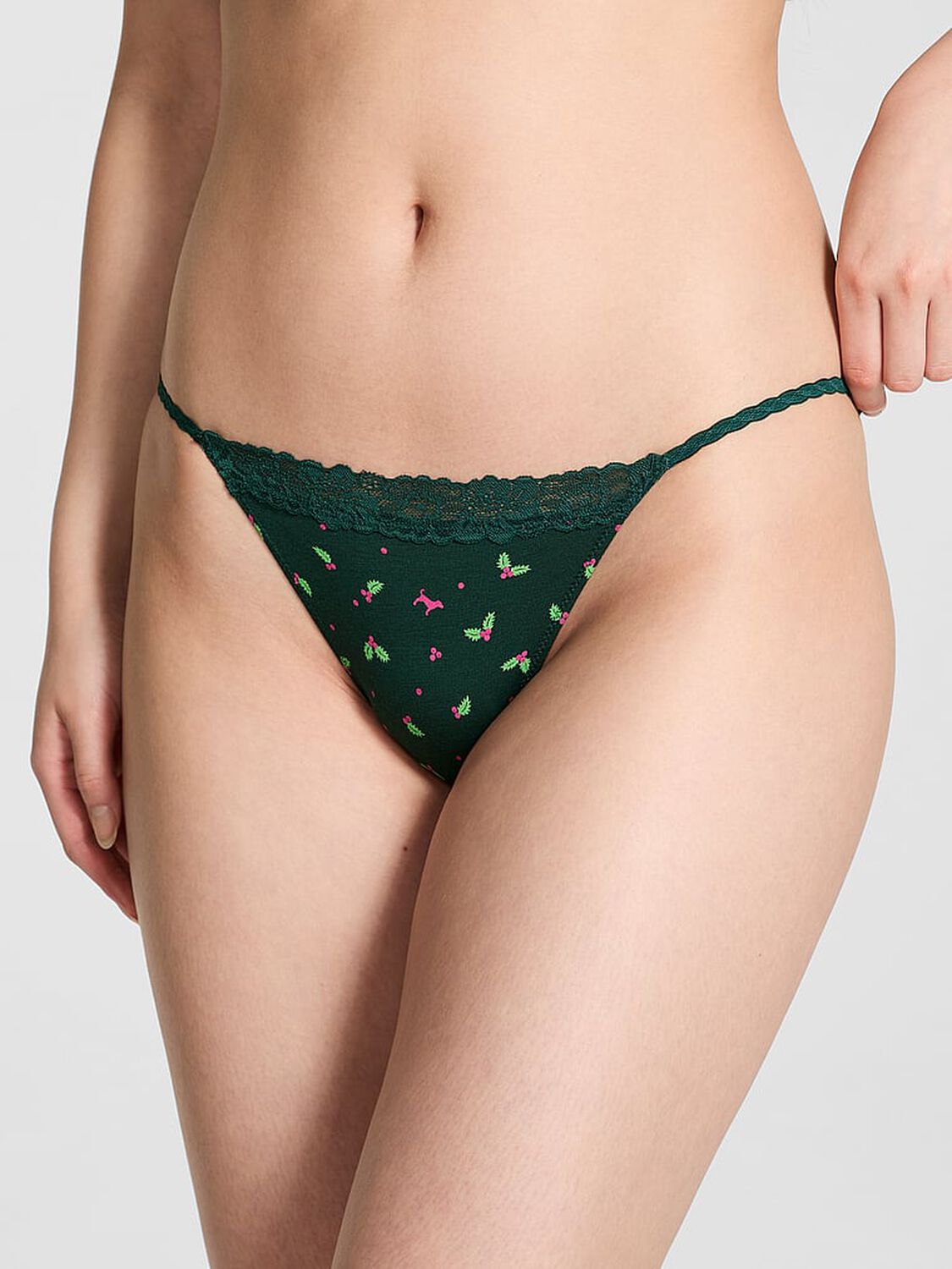pink Pink Cotton Lace-Trim String Bikini Panty Deep Forest Holly Print With Deep Forest Lace 1 of 3 