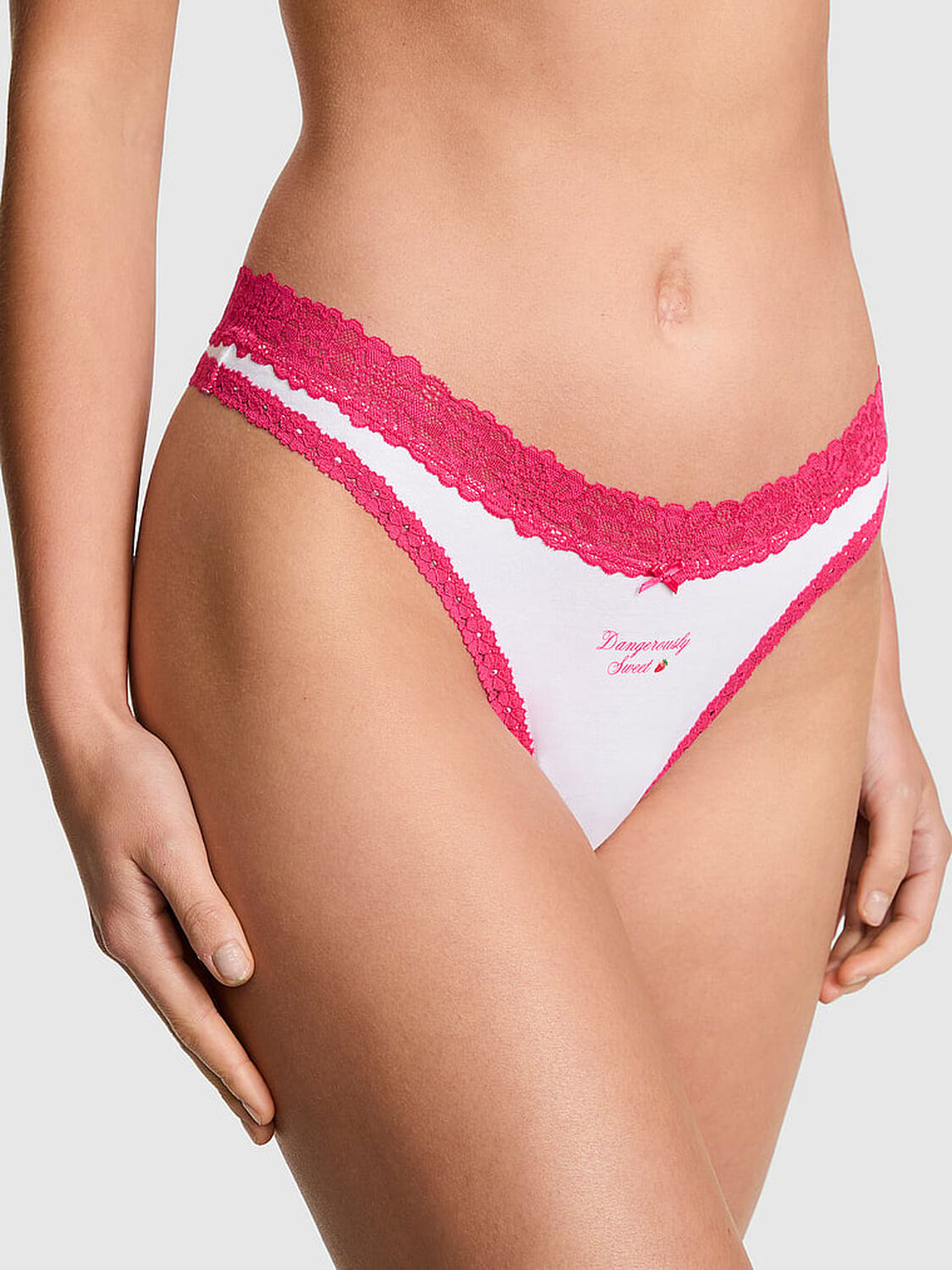vs Pink Cotton Lace-Trim High-Leg Thong Panty White "Dangerously Sweet" 1 of 3 