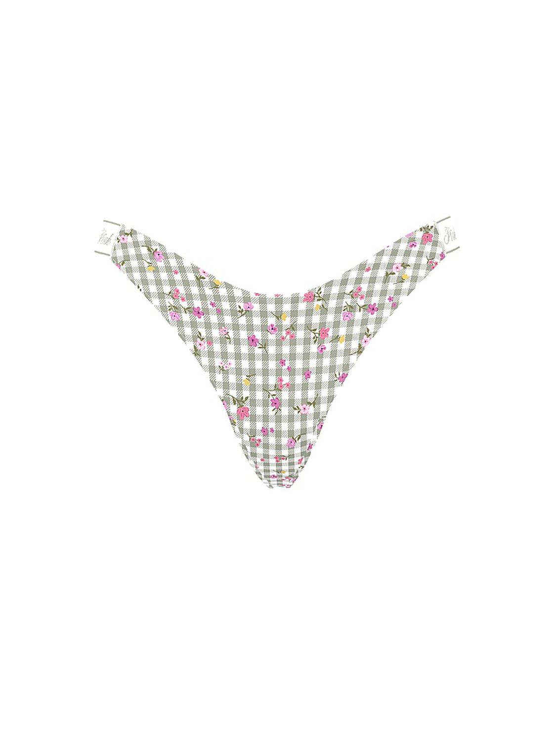 vs Pink Logo Cotton Shine High-Leg Thong Panty Slate Green Gingham Floral Print 3 of 3 