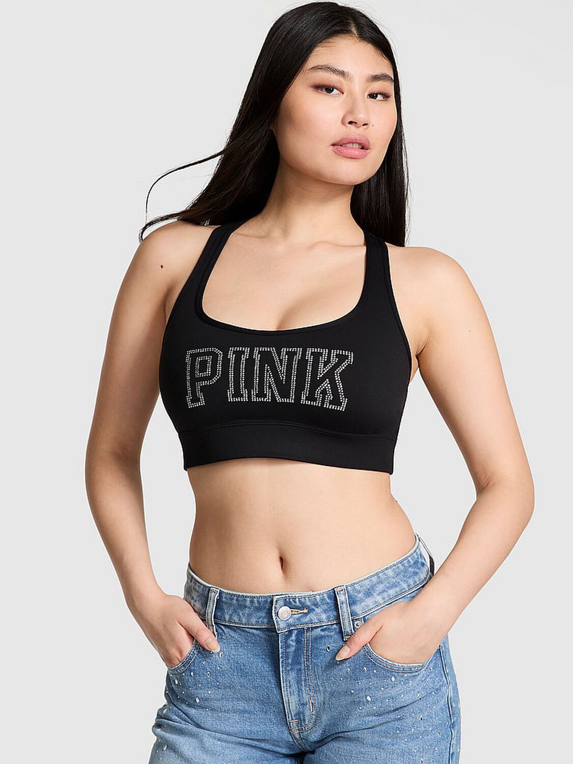 vs Pink Relay Racerback Sports Bra Pure Black 1 of 3 