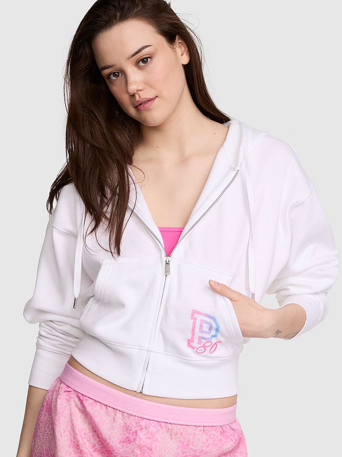 vs Pink Campus Fleece&trade; Shrunken Full-Zip Hoodie Vs White 1 of 2 