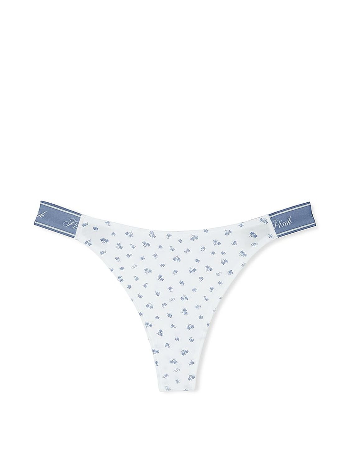 vs Pink Logo Cotton Shine High-Leg Thong Panty White Blue Floral Print 1 of 2 