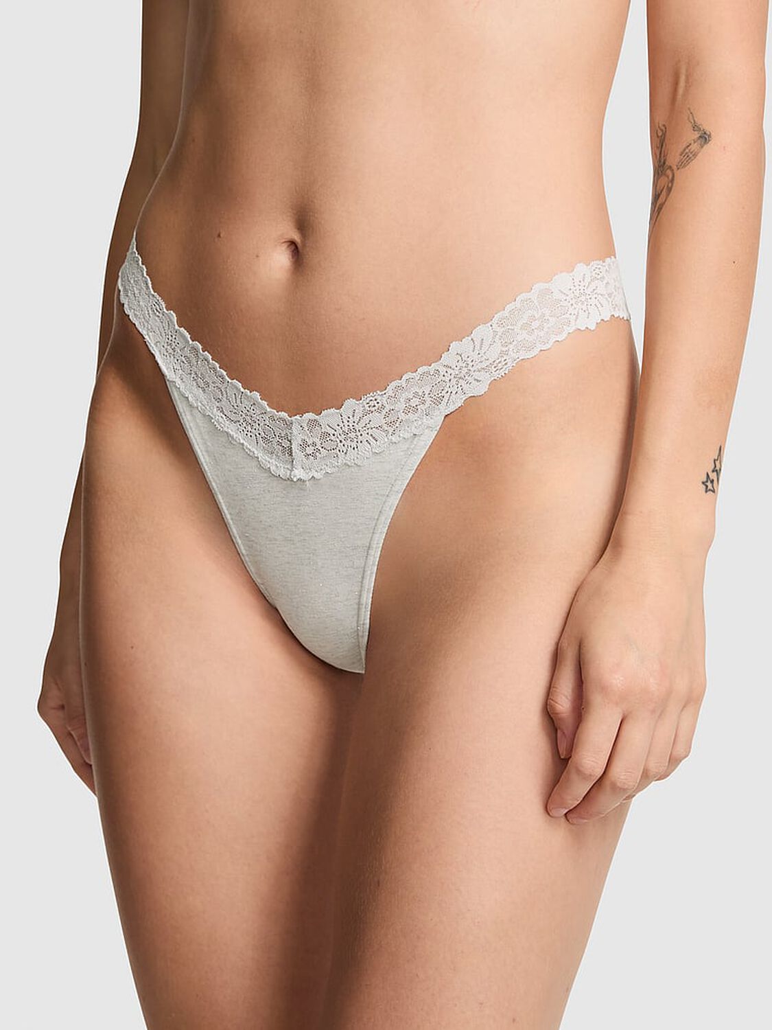 vs Pink Cotton Lace-Trim Thong Panty Vs Snow Heather Silver 1 of 2 