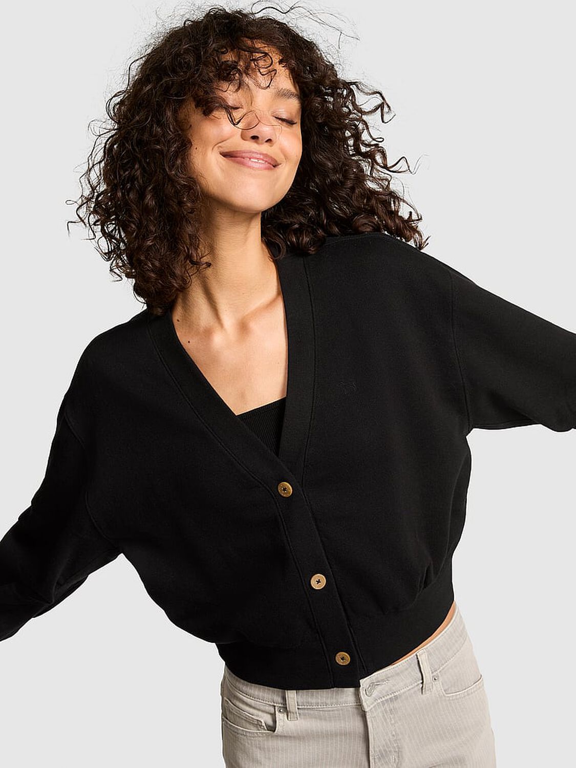 vs Pink Ivy Fleece Cropped Cardigan Pure Black 1 of 3 