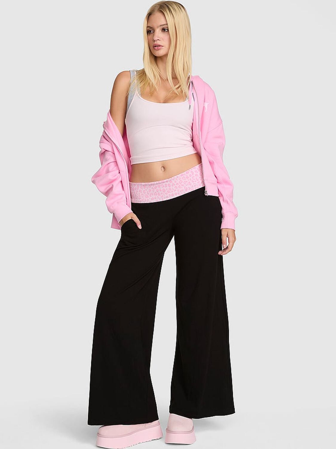vs Pink All-Day Cotton&trade; Foldover Wide-Leg Pants Pure Black Pink Leopard With Bling Waistband 1 of 3 