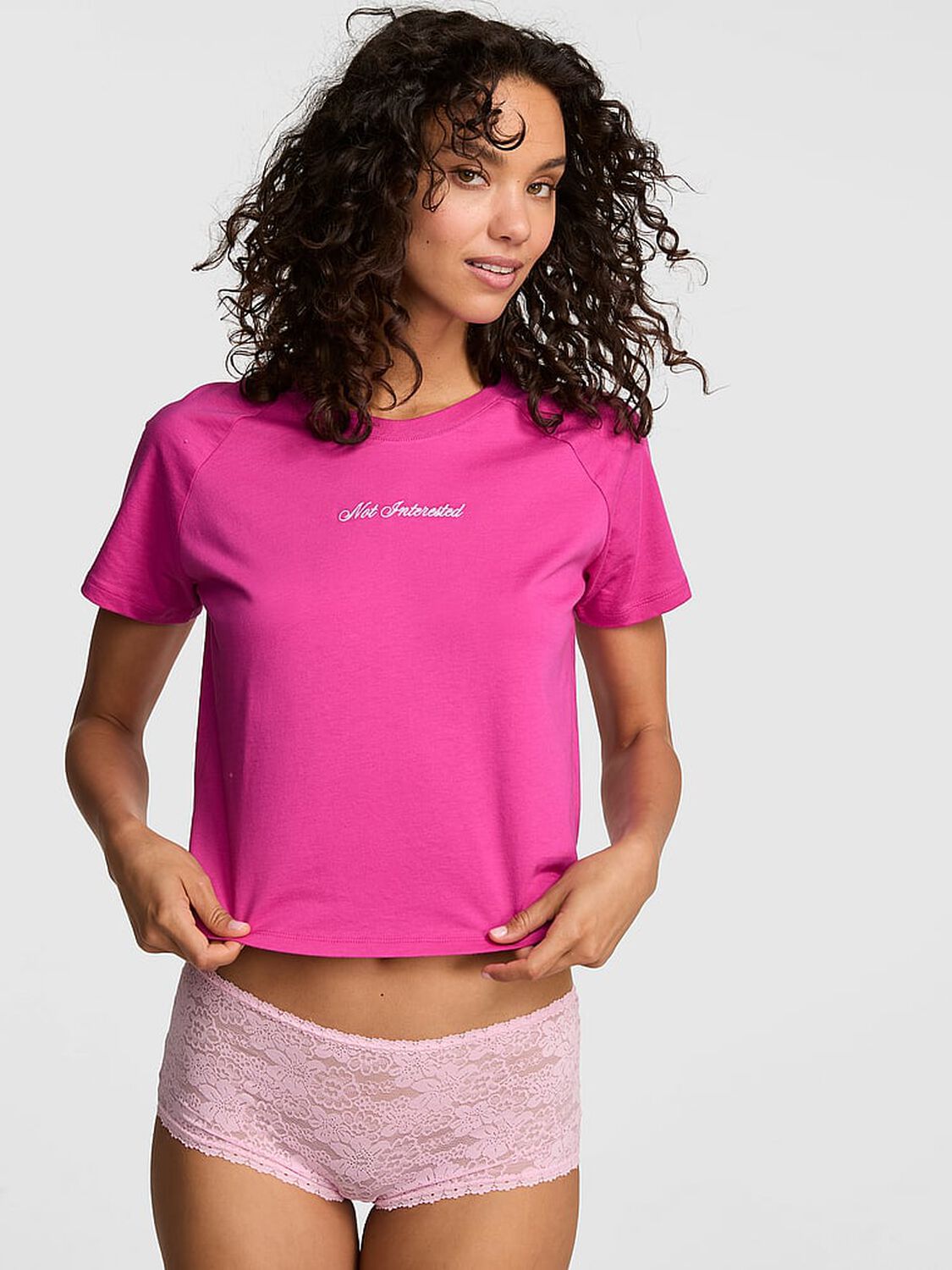 vs Pink Cotton Raglan Sleep Tee Pink Fire "Not Interested" 1 of 3 