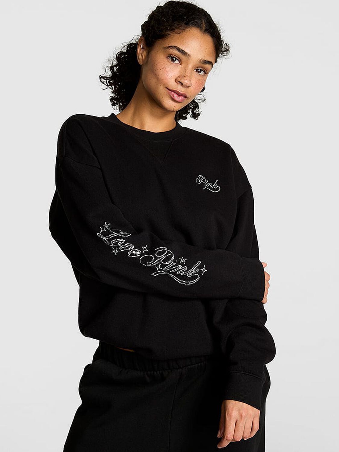 vs Pink Ivy Fleece Oversized Crew Sweatshirt Pure Black Ott Shine 1 of 3 