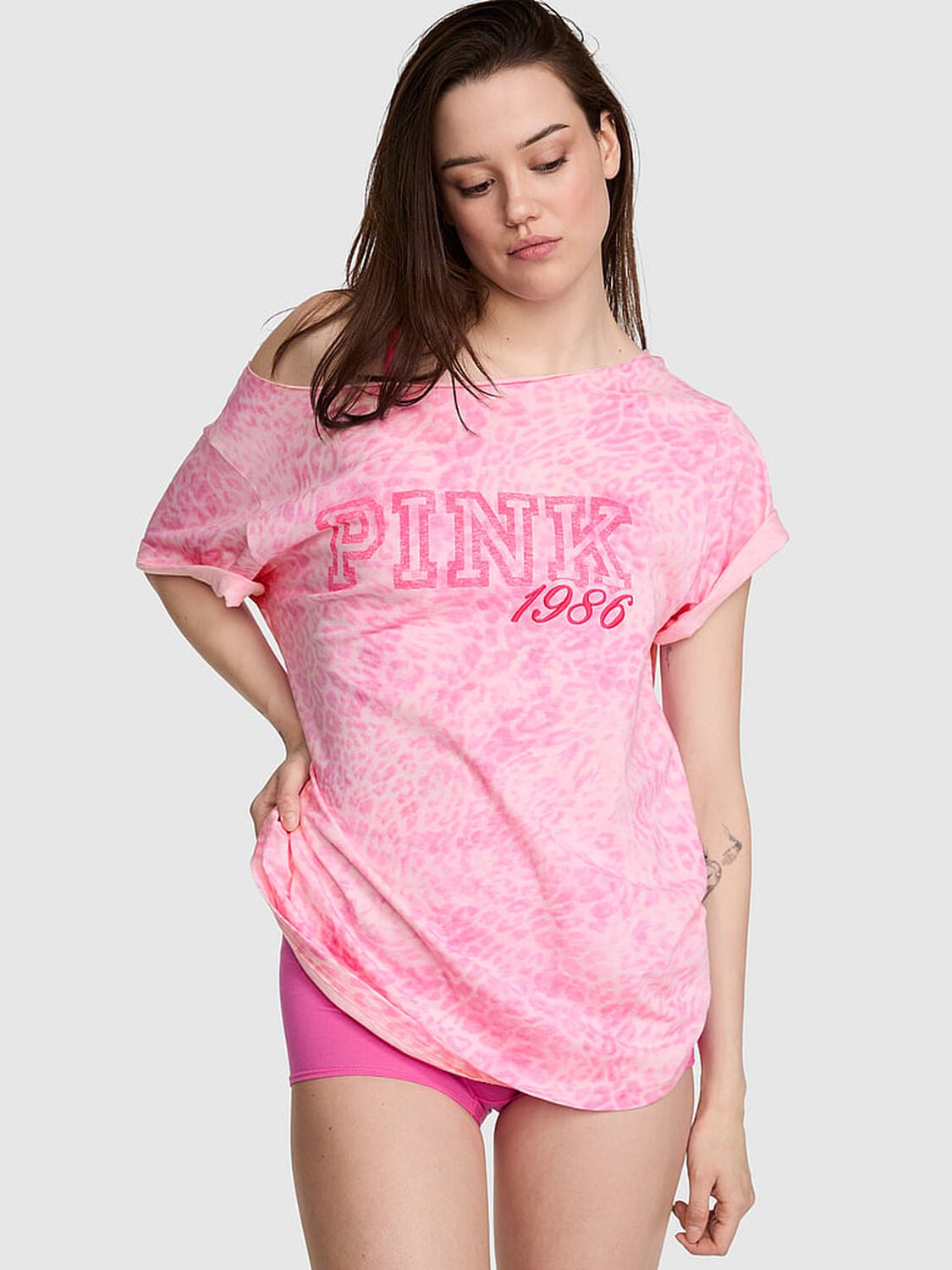vs Pink Campus Cotton&trade; Off-The-Shoulder Tee Pink Leopard 1 of 3 