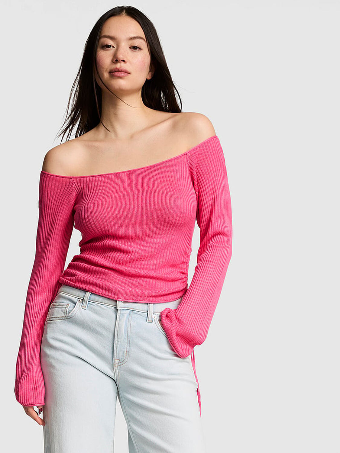vs Pink Side-Ruched Oﬀ-The-Shoulder Sweater Love Me Pink 1 of 2 