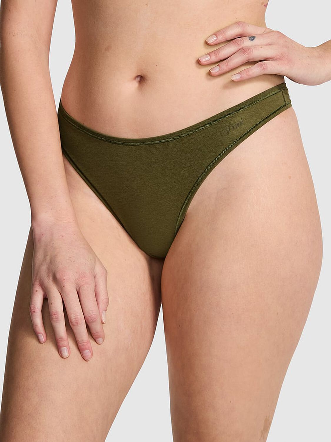 vs Pink Cotton High-Leg Thong Panty Olive Shade 1 of 3 