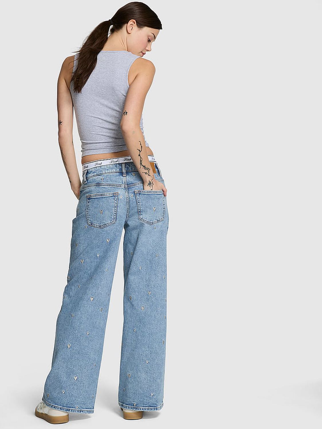 vs Pink Denim by PINK Mid-Rise Baggy Wide-Leg Jeans Blue Stone Embroidered Hearts 2 of 3 