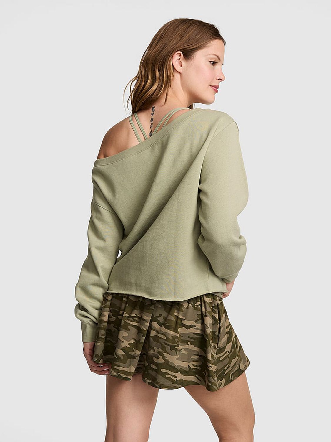 vs Pink Campus Fleece&trade; Rib Off-The-Shoulder Sweatshirt Slate Green 2 of 2 