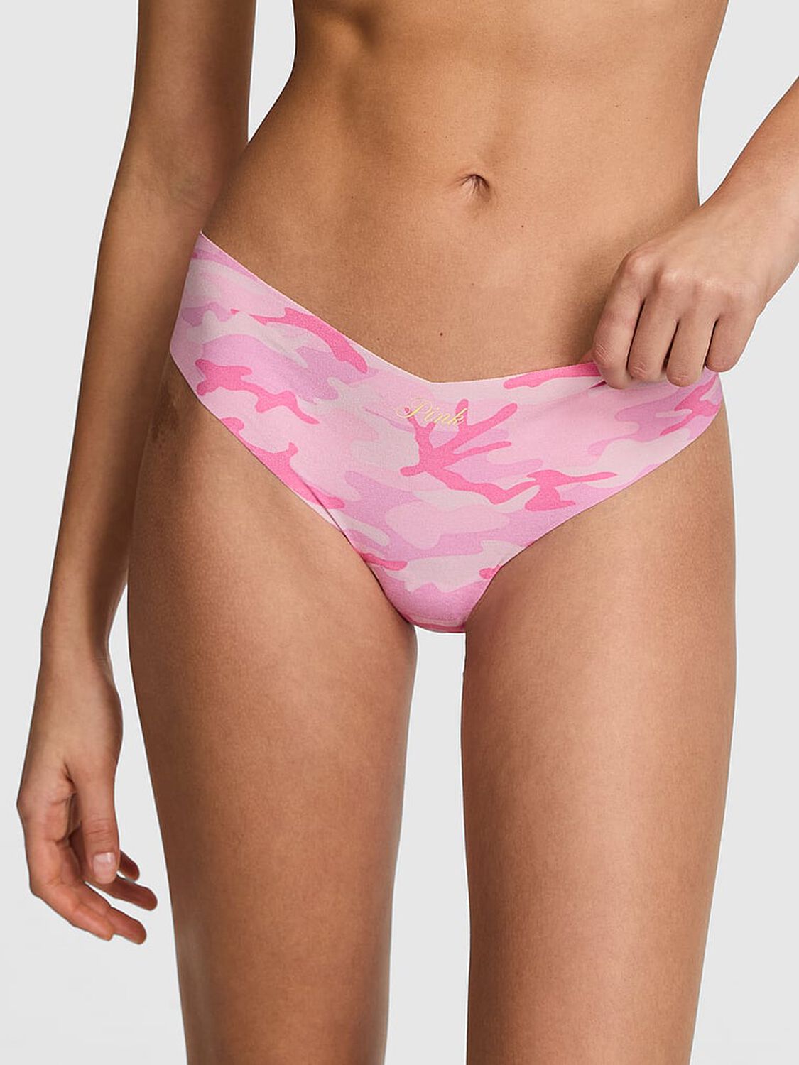 vs Pink No-Show Thong Panty Timeless Pink Camo Print W/ Graphic 1 of 3 
