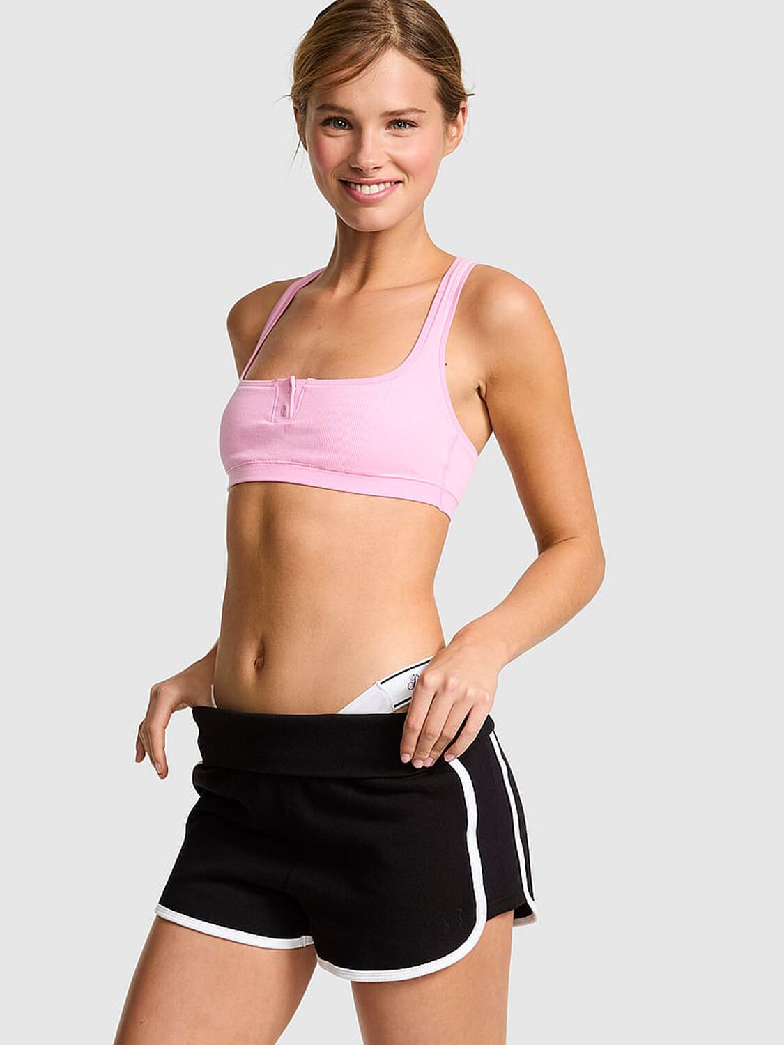 vs Pink Campus Fleece&trade; Foldover Shorts Pure Black 1 of 2 