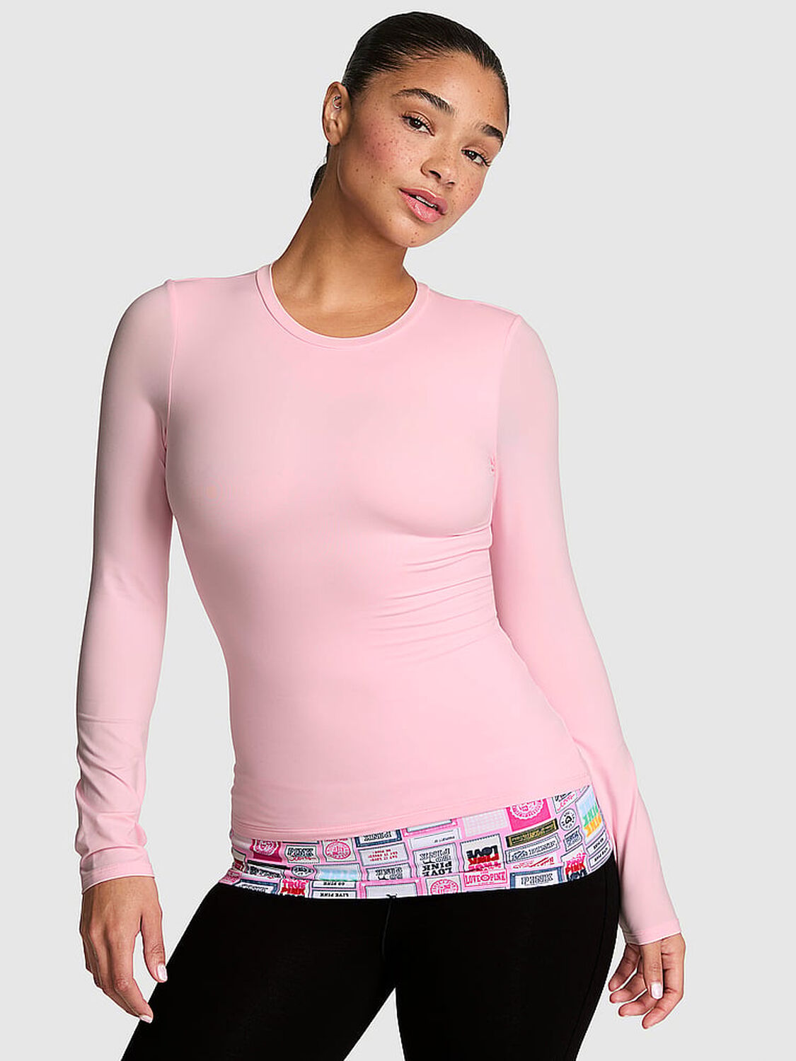 vs Pink PINK Base Stretch&trade; Long-Sleeve Tee Coconut Pink 1 of 3 