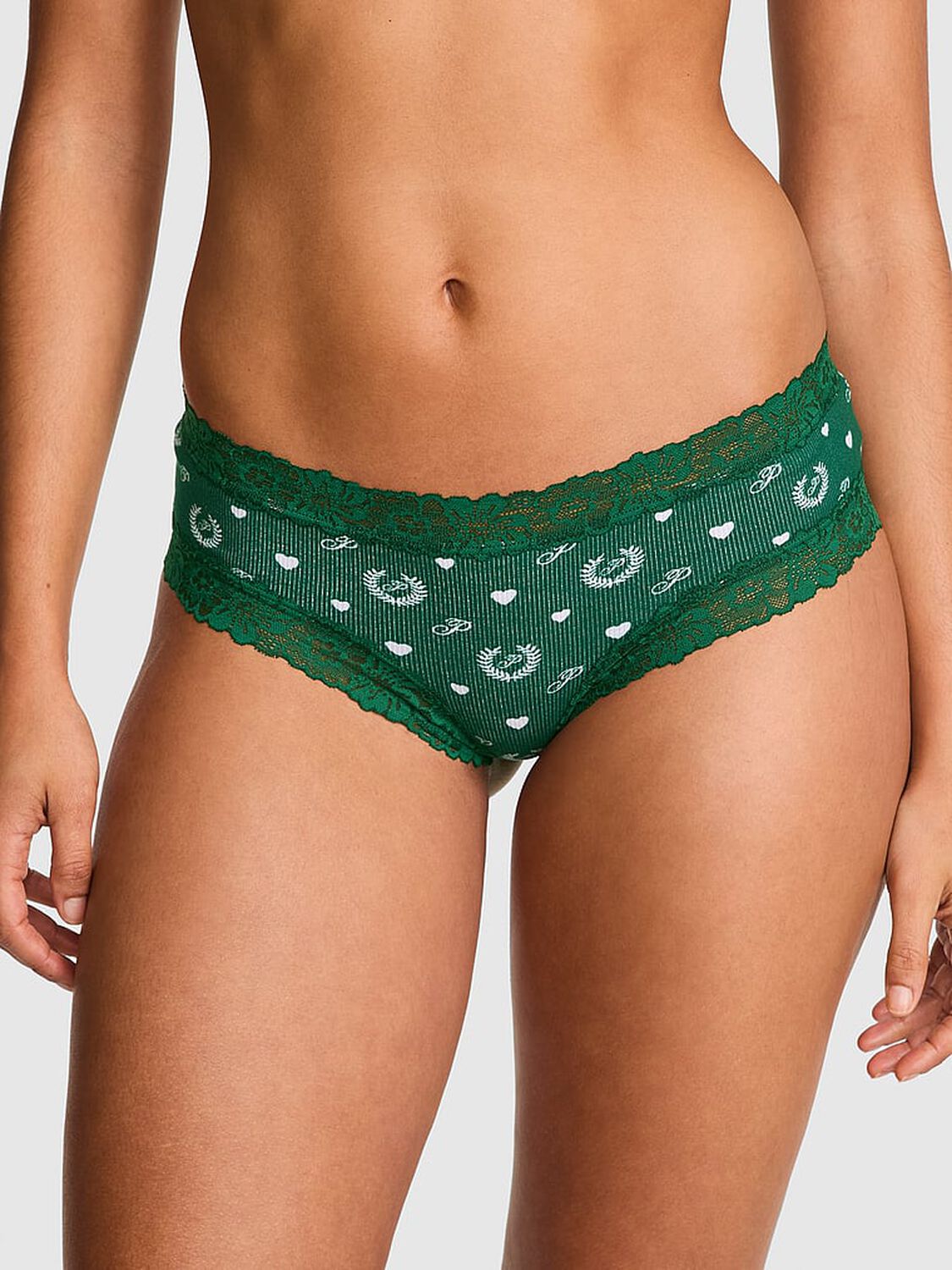 vs Pink Wink Lace-Trim Cheeky Panty Jaguar Green Laurel Heart Print 1 of 3 