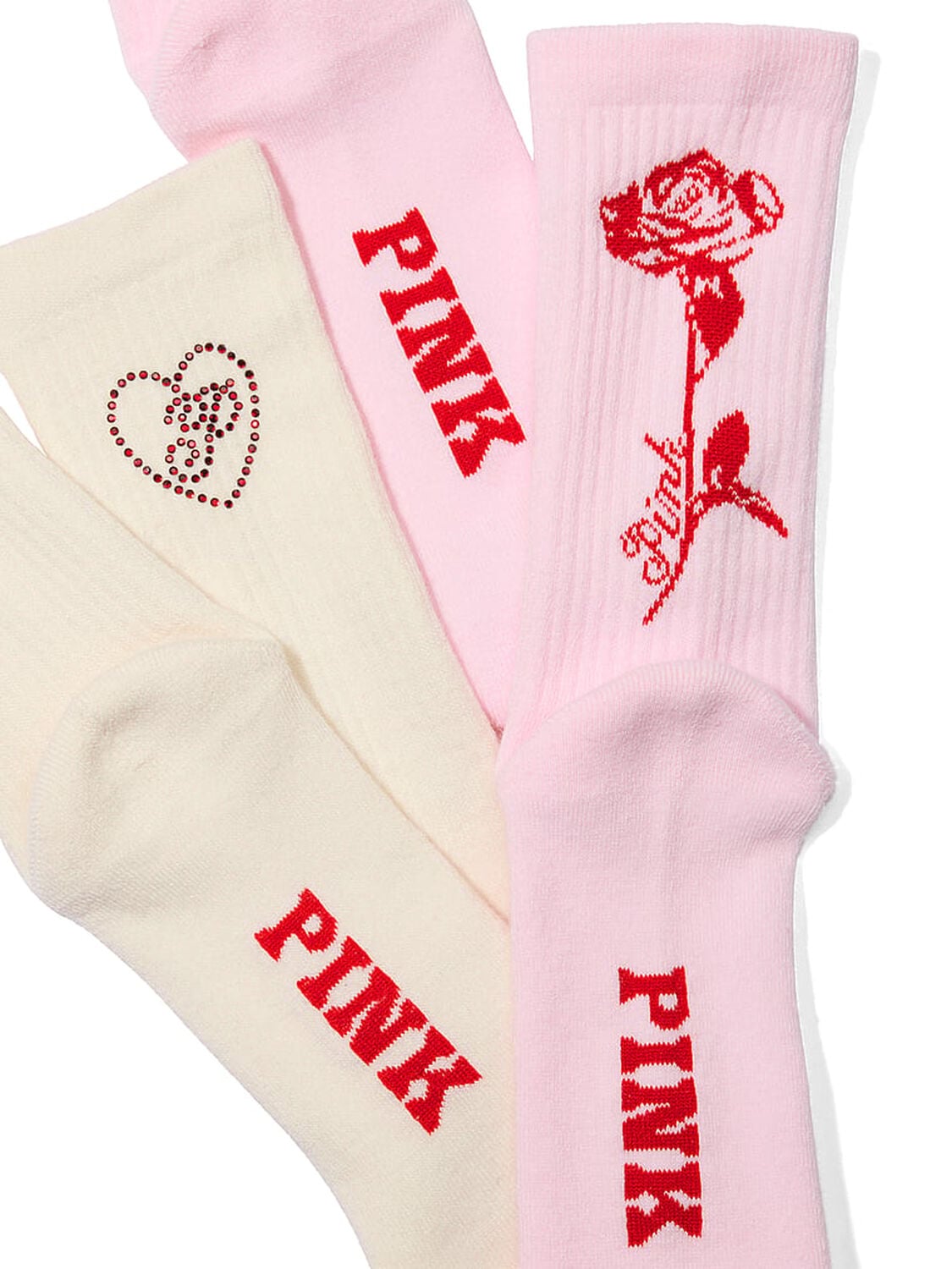vs Pink 2-Pack Crew Socks Winter White Heart Script P / Pink Tulip Rose 2 of 2 