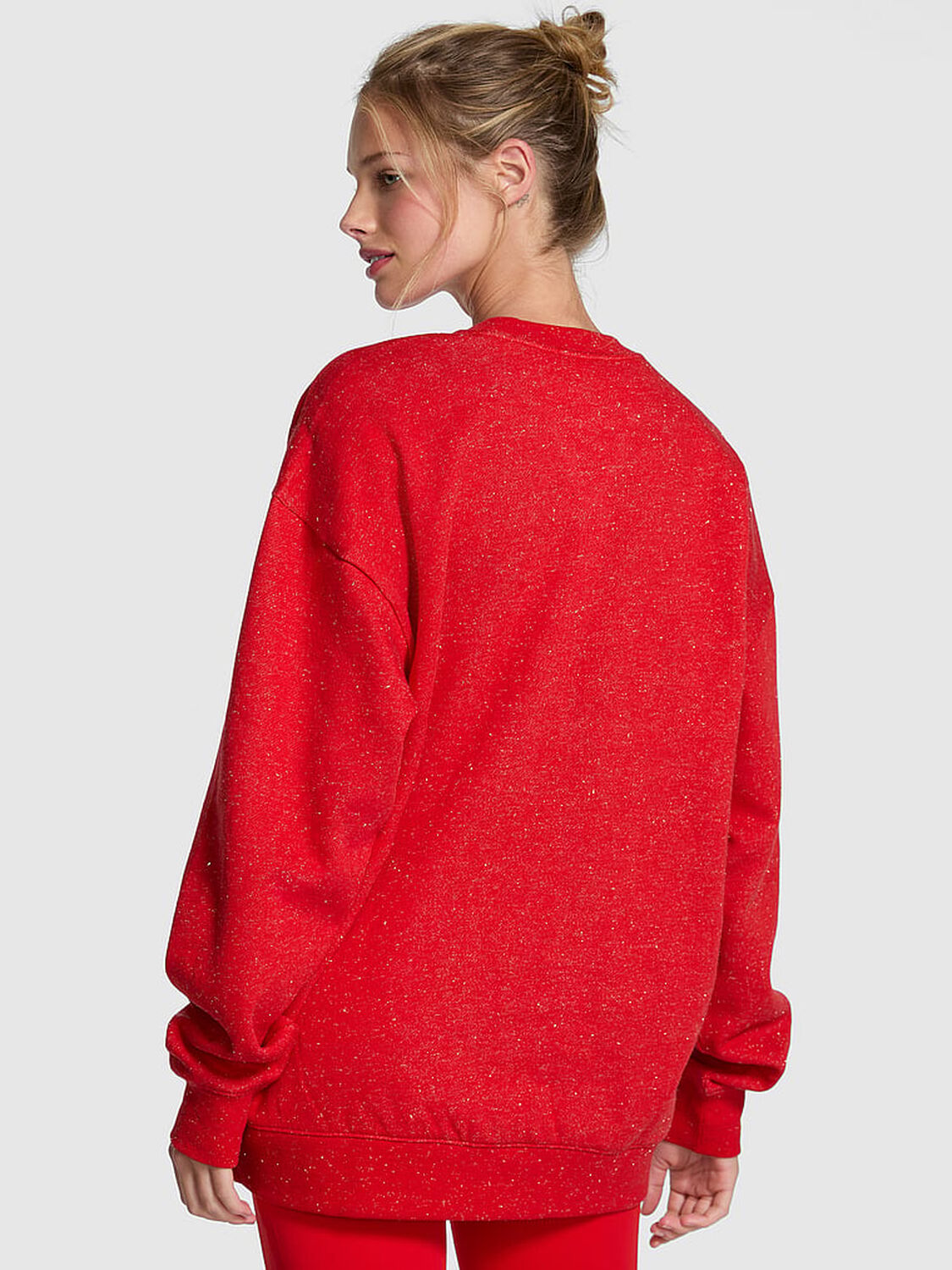 vs Pink Ivy Fleece Oversized Crew Sweatshirt Heathered Bright Vermillion Woven Shine 2 of 2 