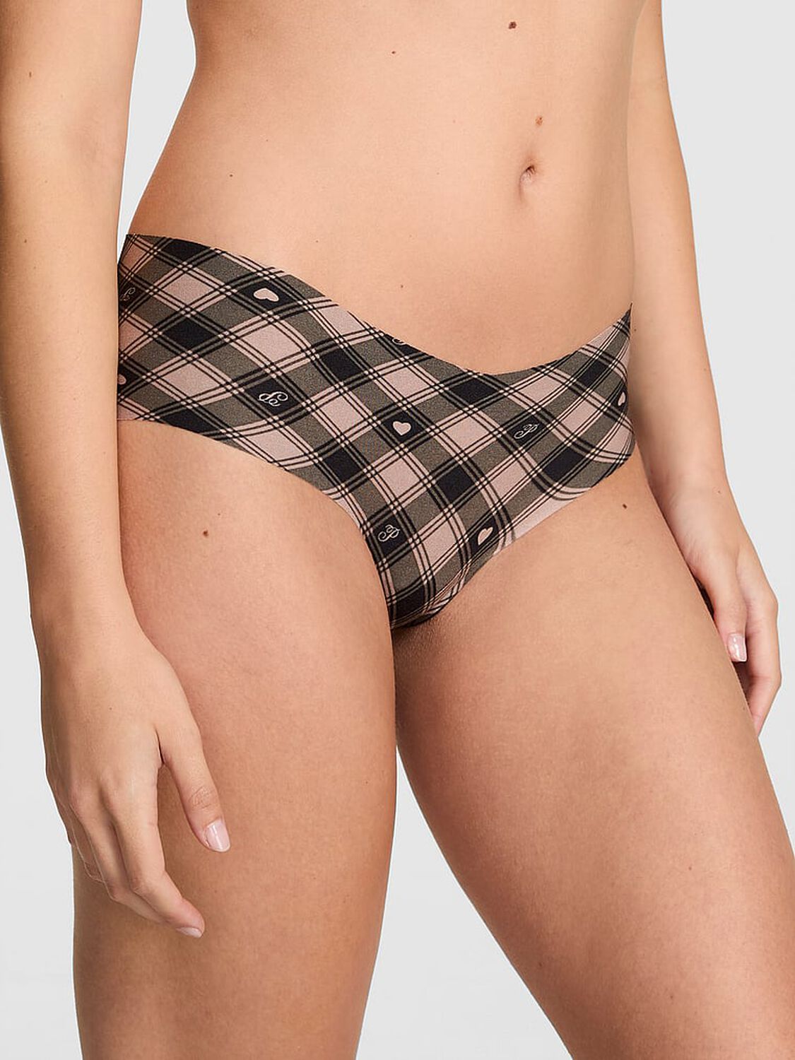 vs Pink No-Show Hiphugger Panty Iced Coffee Buffalo Plaid Print 1 of 2 
