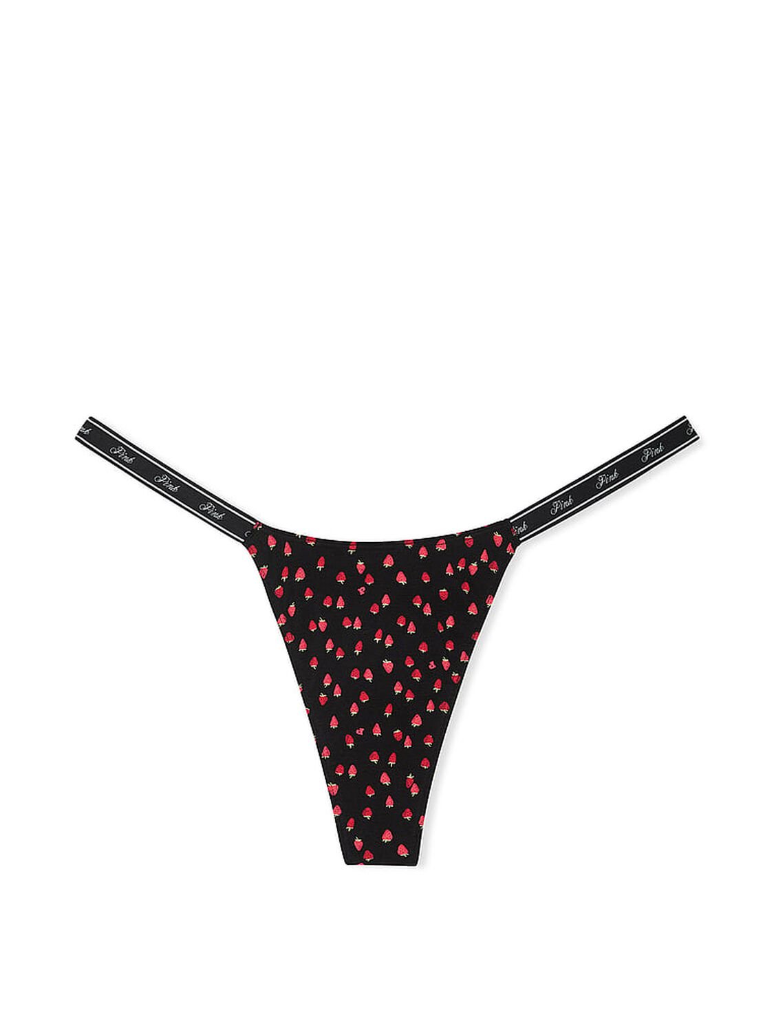 vs Pink Logo Cotton High-Leg Micro Thong Panty Black Strawberry Print 3 of 3 