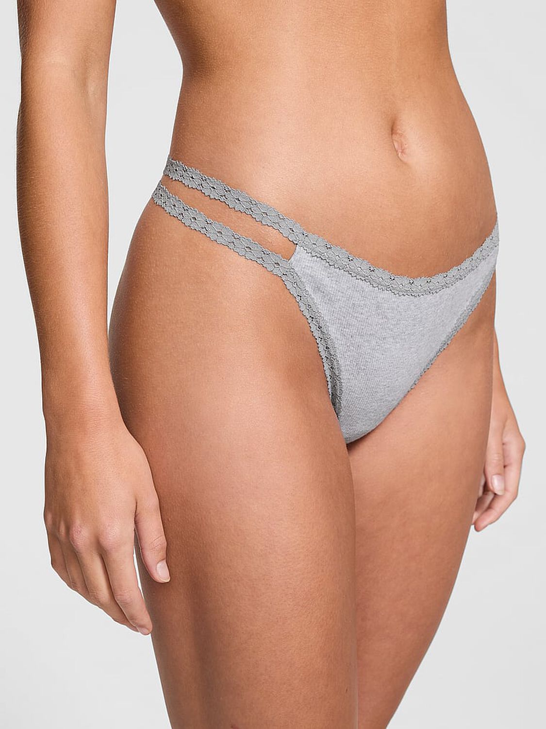 vs Pink WINK Lace-Trim Strappy Thong Panty Medium Heather Grey 1 of 3 