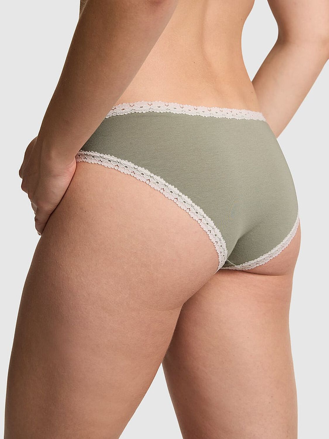 vs Pink Cotton Lace-Trim Low-Rise Cheeky Panty Slate Green With White Lace 2 of 2 