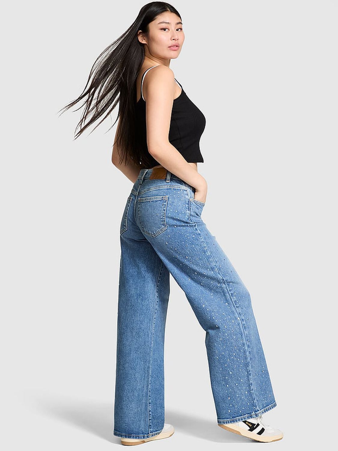pink Pink Denim by PINK Mid-Rise Baggy Wide-Leg Jeans Side Diamante Medium Wash 2 of 3 