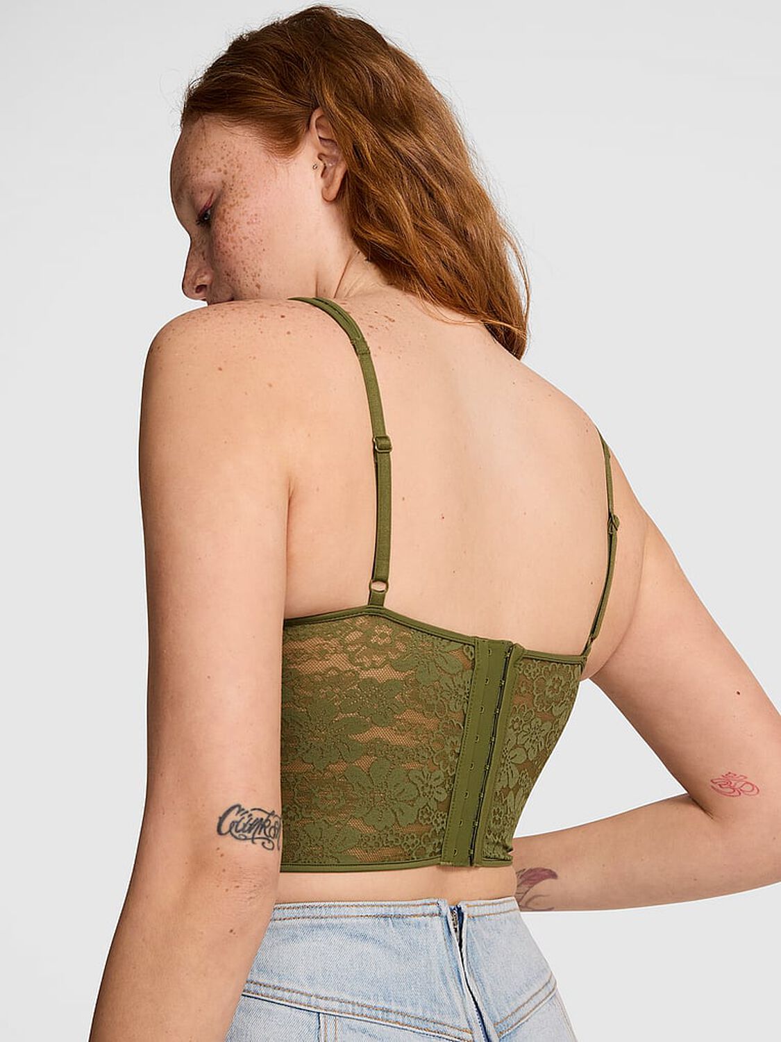 vs Pink Bralettes & Bra Tops Wink Lace Corset Top Olive Shade 2 of 2 