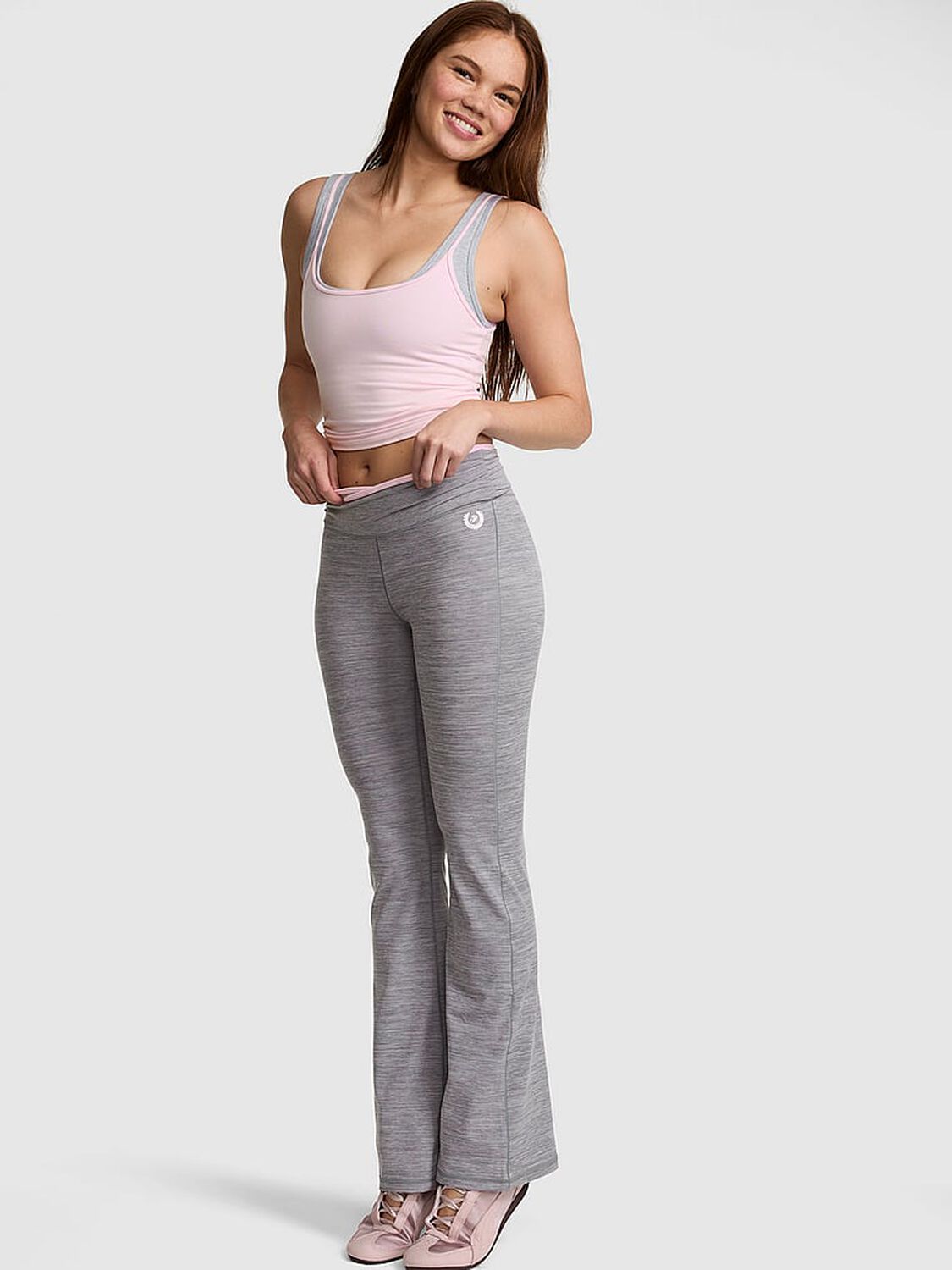 pink Pink PINK Relay&trade; Overlap-Band Flare Leggings Night Owl Grey 1 of 3 