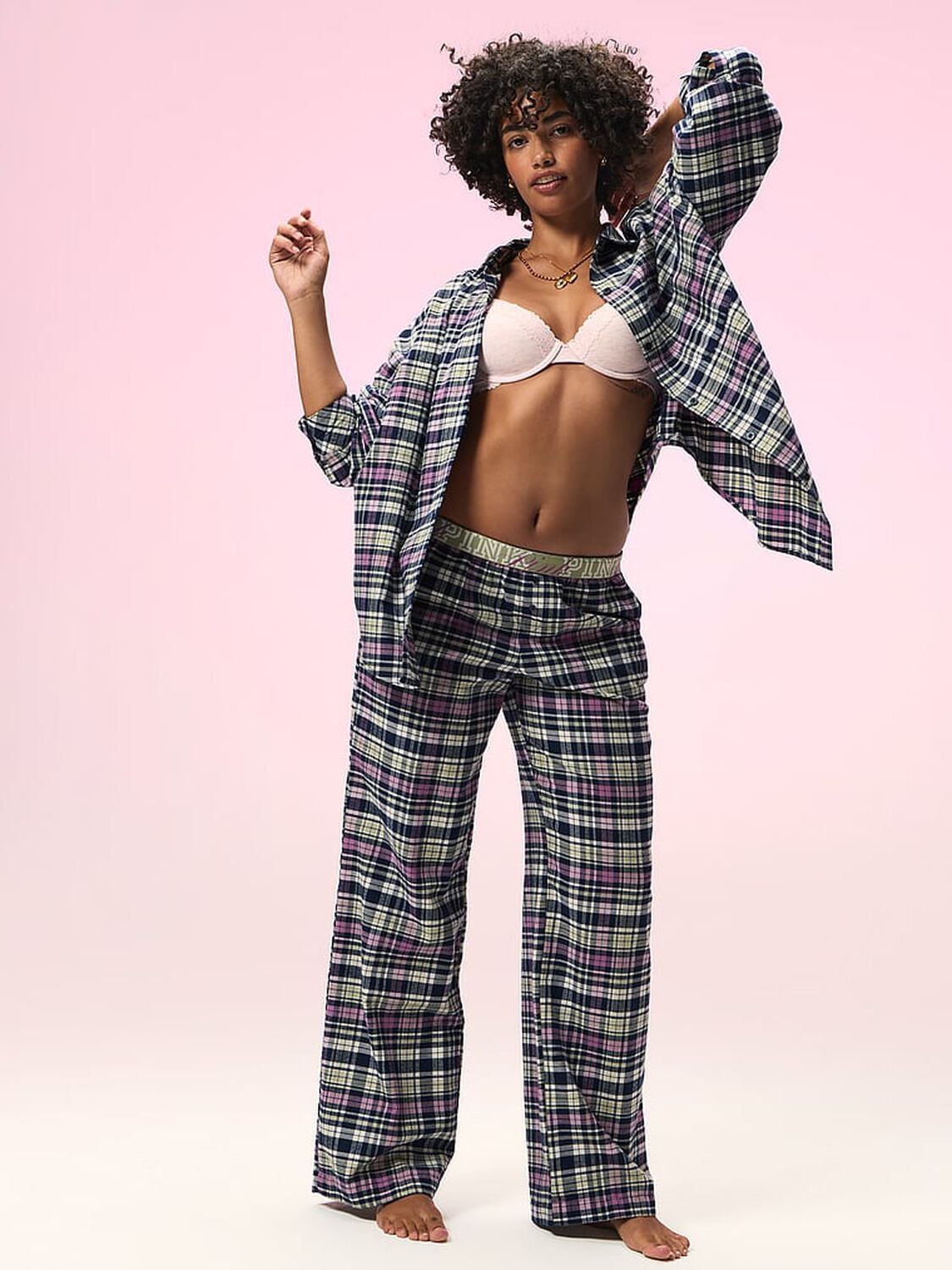 vs Pink 100% Cotton Favorite Flannel Pajama Pants Woodland Green Plaid 4 of 4 