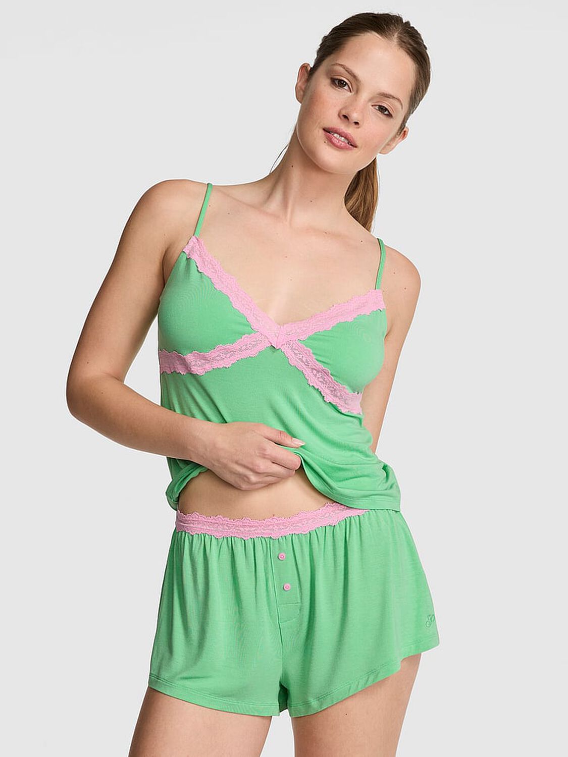 vs Pink Modal Lace-Trim Micro Shorts Graphic Green 1 of 3 